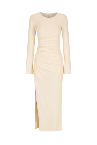 Beau Gathered Long Sleeve Midi Dress - Macadamia