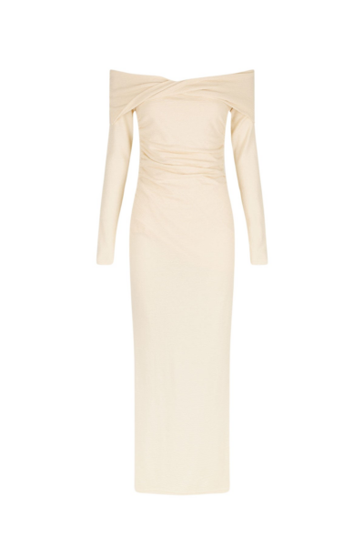 Beau Off Shoulder Twist Front Midi Dress - Macadamia