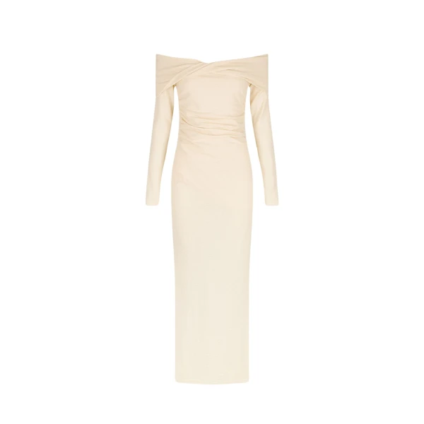 Beau Off Shoulder Twist Front Midi Dress - Macadamia