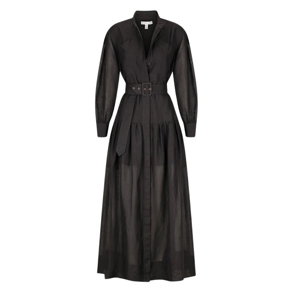 Celeste Long Sleeve Tiered Shirt Maxi Dress - Black