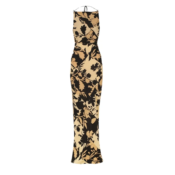 Lai Silk High Neck Ruched Maxi Dress