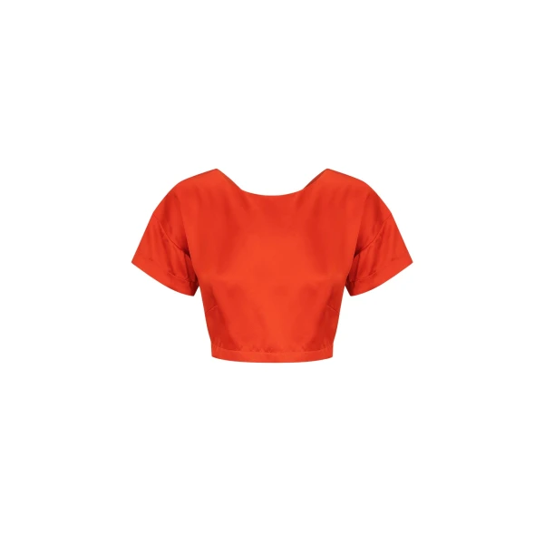 Milenna Silk Open Back Drawstring Crop Top - Chilli Red