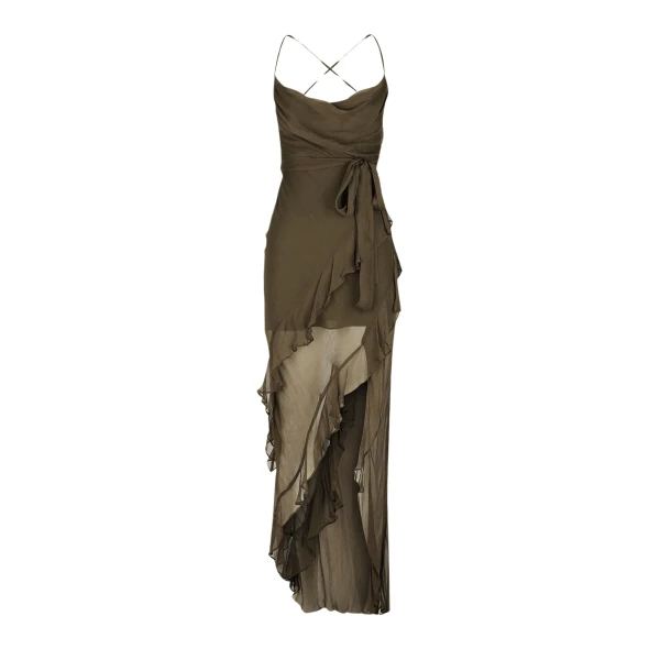 Oden Cowl Neck Asymmetrical Maxi Dress - Olive