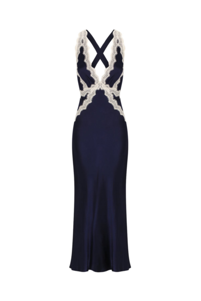Camille Lace Cross Back Midi Dress - Deep Midnight/Ivory