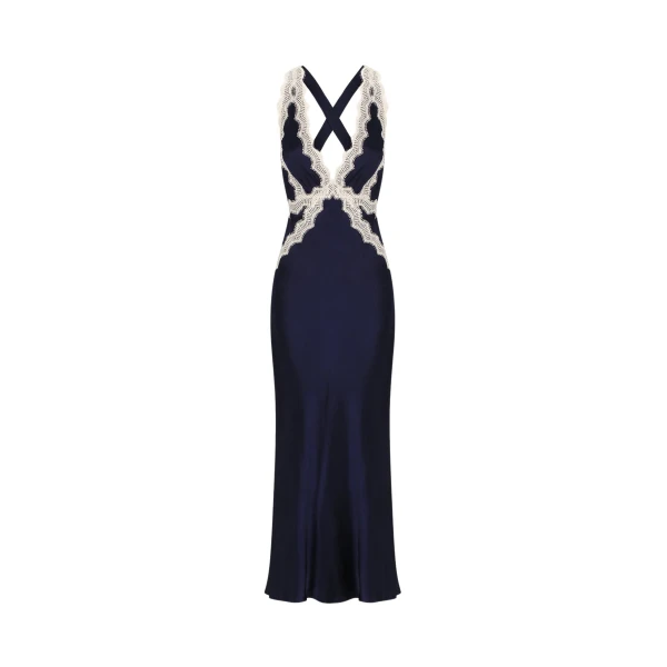 Camille Lace Cross Back Midi Dress - Deep Midnight/Ivory