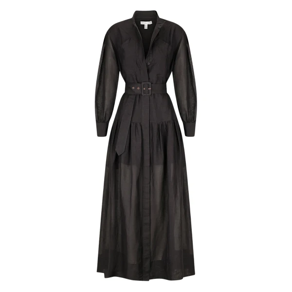 Celeste Long Sleeve Tiered Shirt Maxi Dress - Black