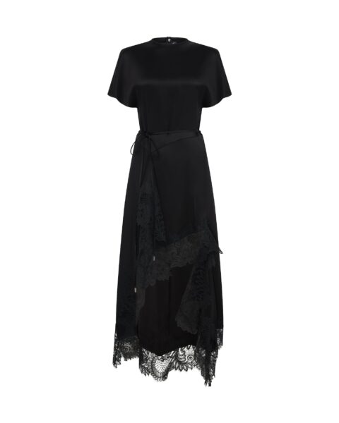 David Koma Asymmetric Lace Hem Satin Midi Dress