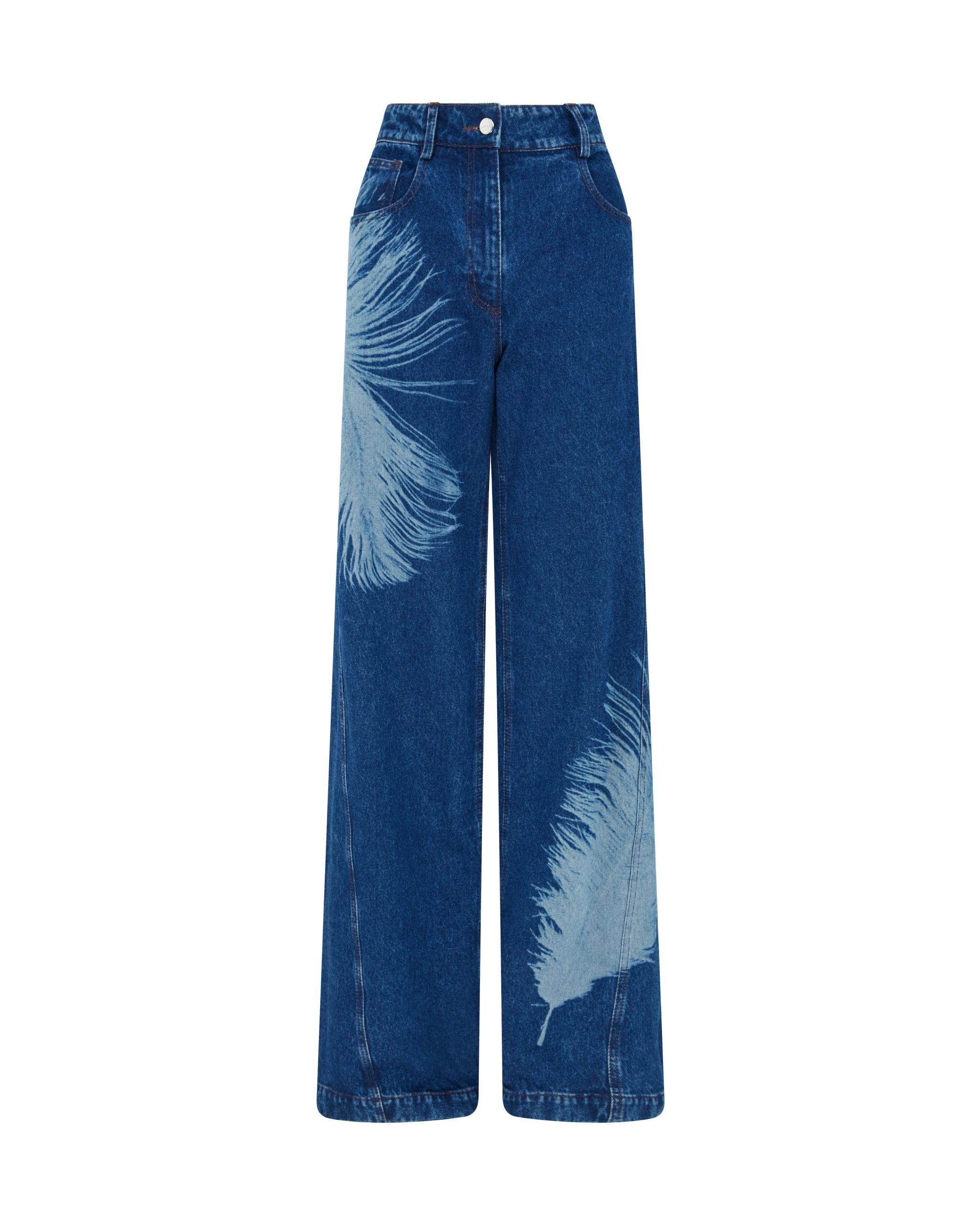 David Koma Feather Print Wide Leg Denim Trousers David Koma Feather Print Wide Leg Denim Trousers