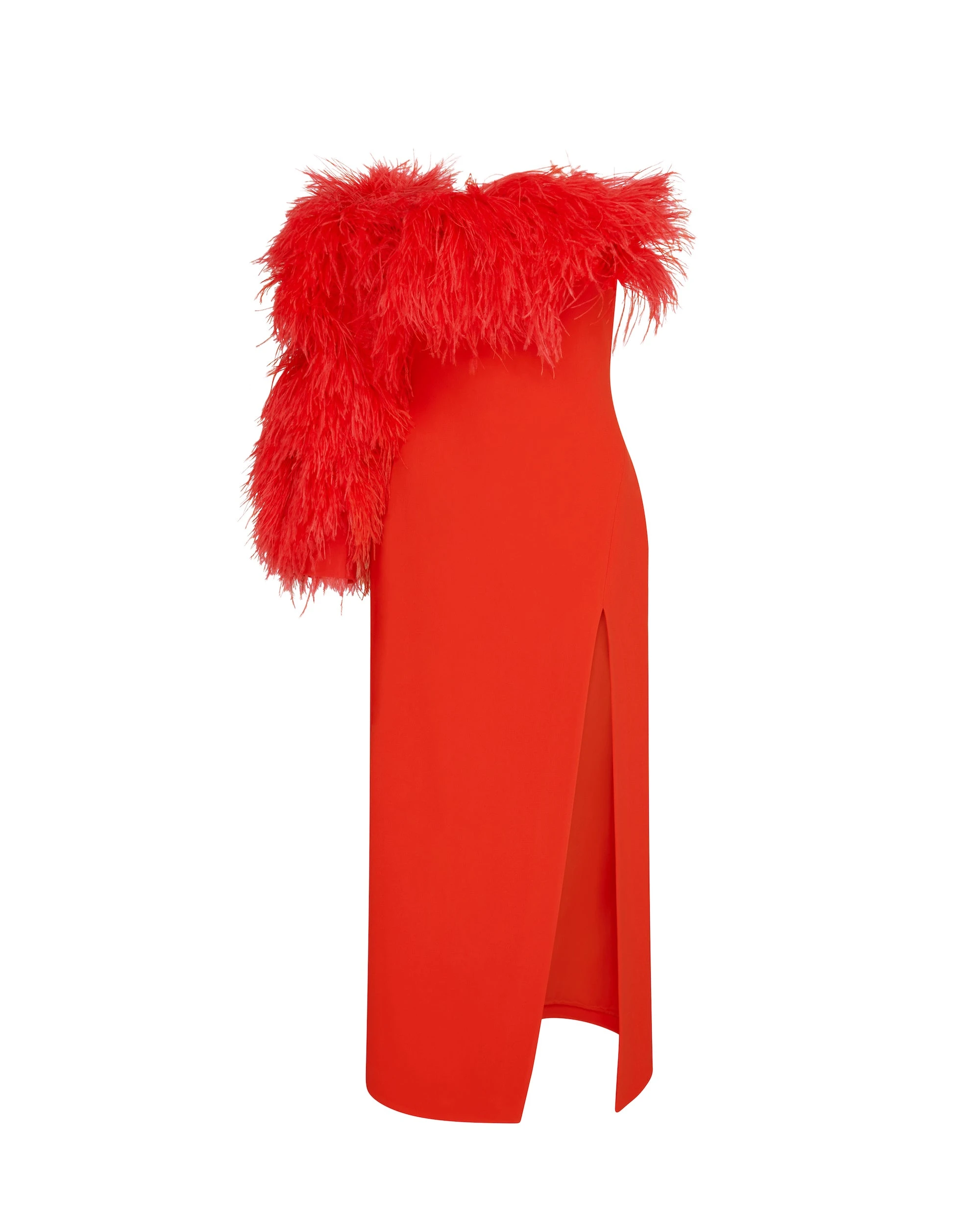 David Koma Feather Trim One Sleeve Midi Dress David Koma Feather Trim One Sleeve Midi Dress