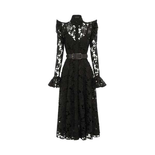 Aliyah Lace Butterfly Sleeve Midi Dress - Ebony