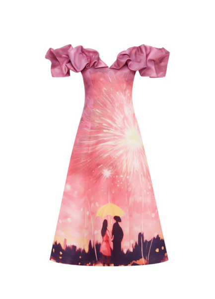 Annie Off Shoulder Frill Midi Dress - Afterglow Print