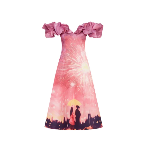 Annie Off Shoulder Frill Midi Dress - Afterglow Print