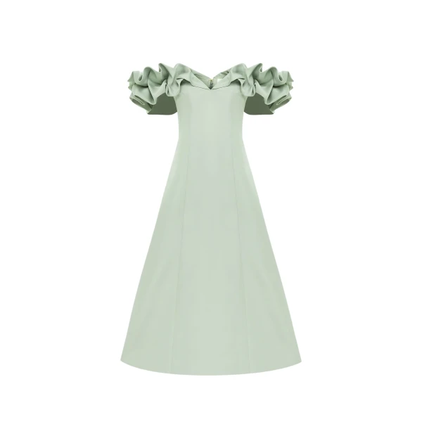 Annie Off Shoulder Frill Midi Dress - Sage
