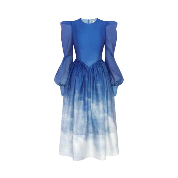 Jordana Structured Shoulder Midi Dress - Aerial Print