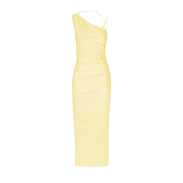 Lani Asymmetrical Gathered Midi Dress - Lemon