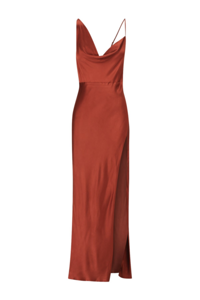 Lino Draped Side Split Midi Dress - Mahogany