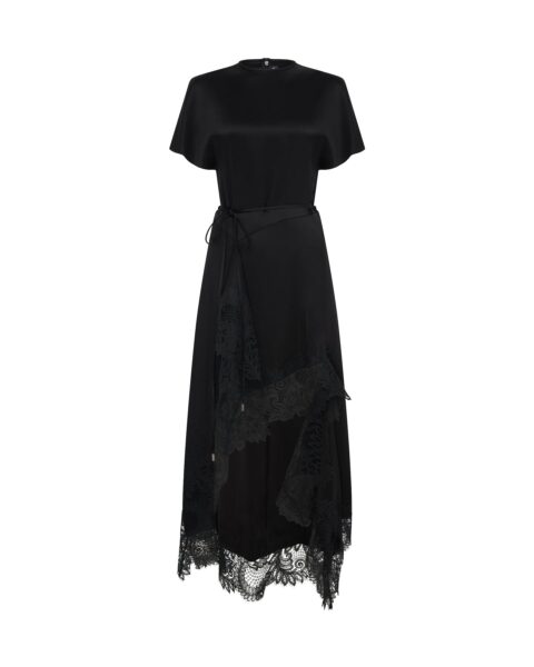 David Koma Asymmetric Lace Hem Satin Midi Dress