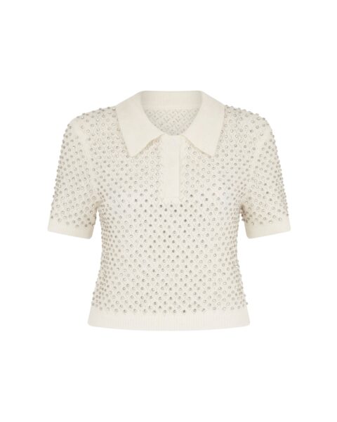David Koma Crystal Embroidered Polo Knit Top