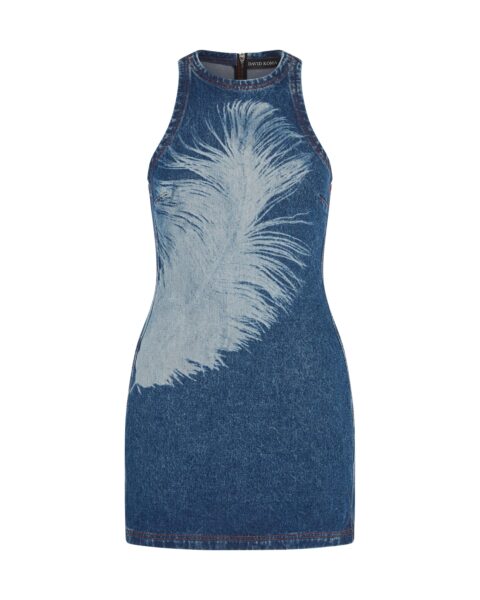 David Koma Feather Print Mini Denim Dress
