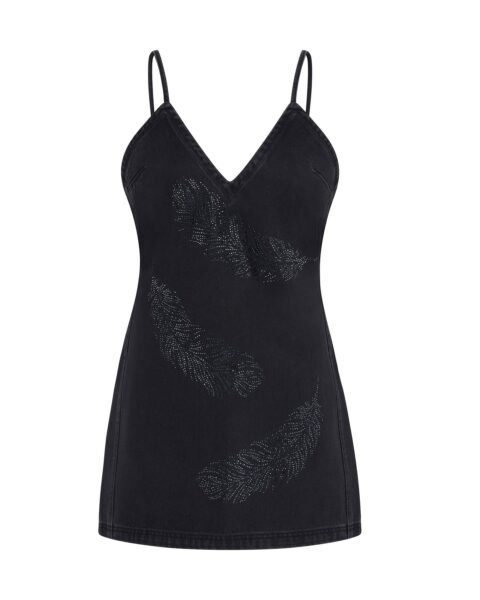 David Koma Feather Rhinestone Denim Mini Dress