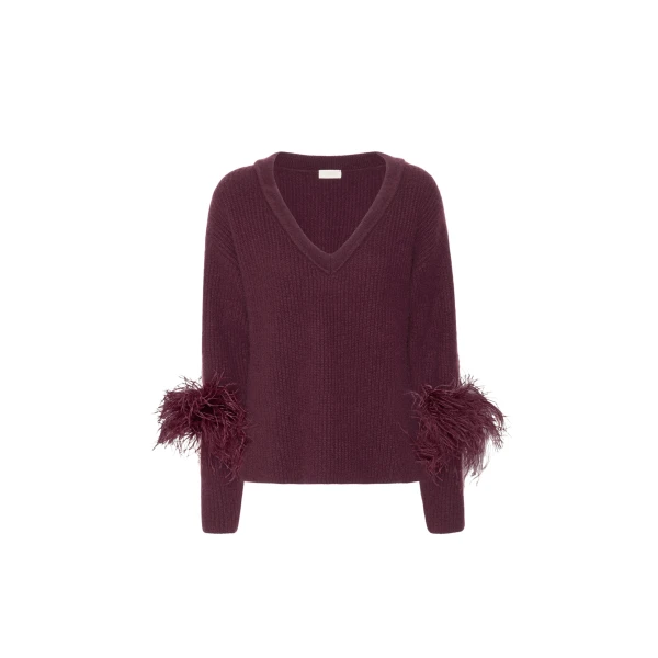Cashmere V Neck Sweater With Feathers