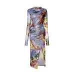 Printed Mesh Draped Midi Dress