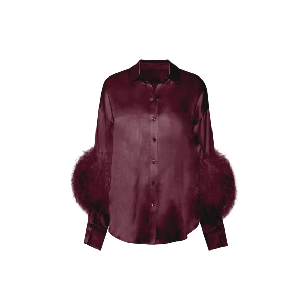 Satin Button Down With Feathers Blouse