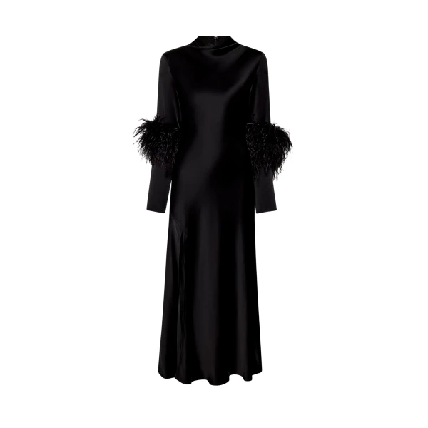 Satin Draped Neck Bias Dress With Feathers