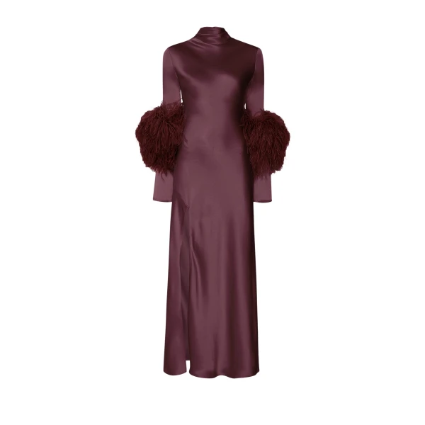 Satin Draped Neck Bias Dress With Feathers