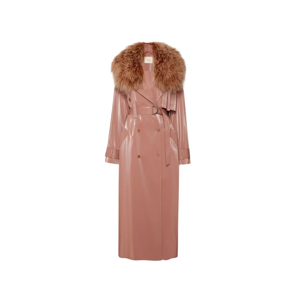 Vinyl Double Breasted Trench With Shearling Collar