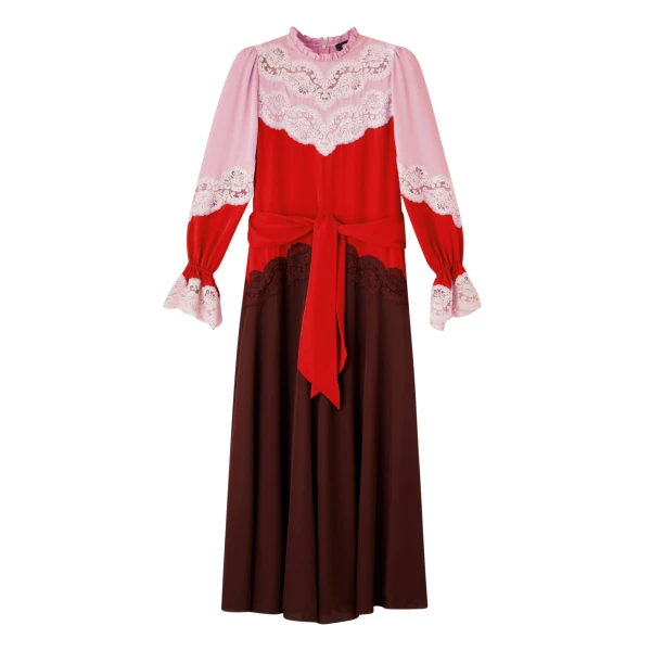 Silk Color Block Lace Maxi Dress + Belt