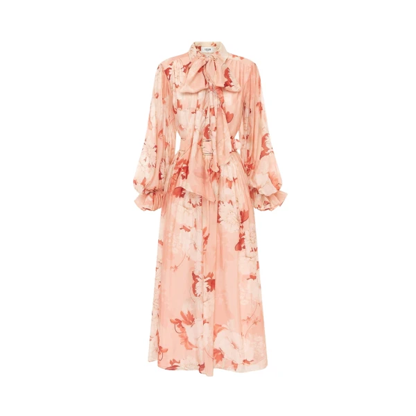 Cassie Tie Neck Midi Dress - Peony Print