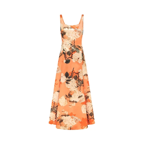 Charlotte Maxi Dress - Hydrangea Print in Tangerine