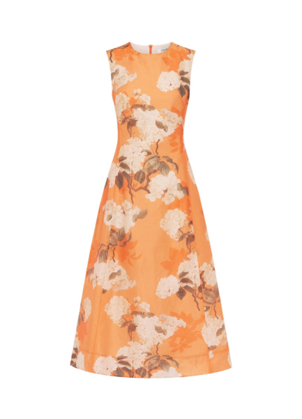 Cleo Sleeveless Midi Dress - Hydrangea Print in Tangerine