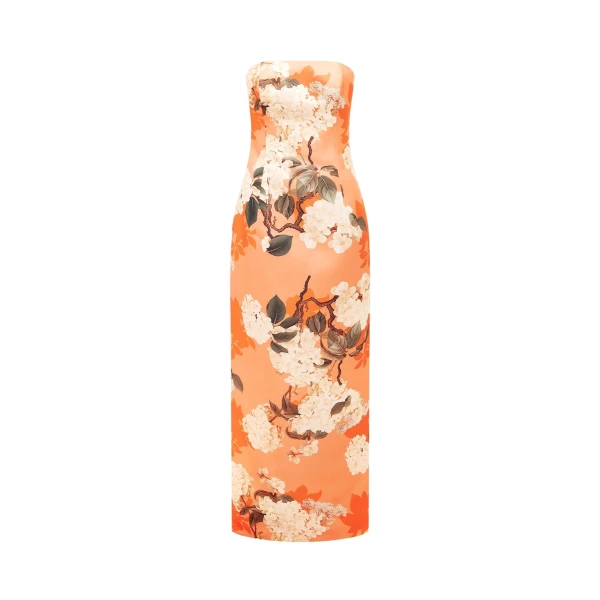 Rayna Bustier Maxi Dress - Hydrangea Print in Tangerine