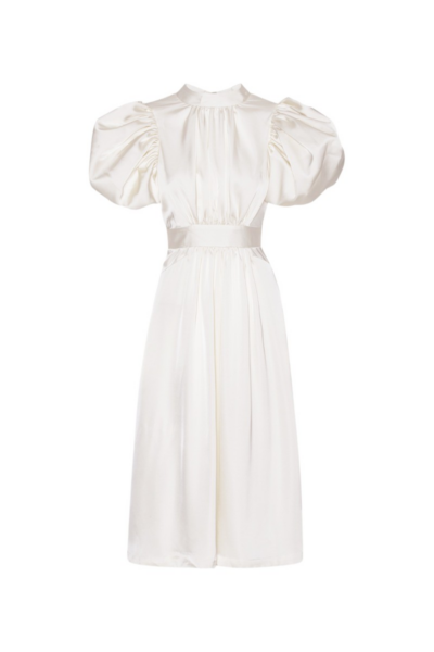 Satin Puff Midi Dress White