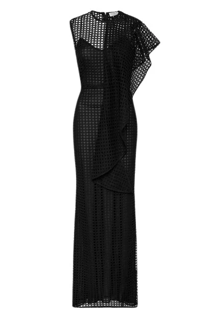 Carla-Zampatti-Black-Lattice-Ruffle-Shoulder-Dress83384_nobg Black Lattice Ruffle Shoulder Dress - Image 1