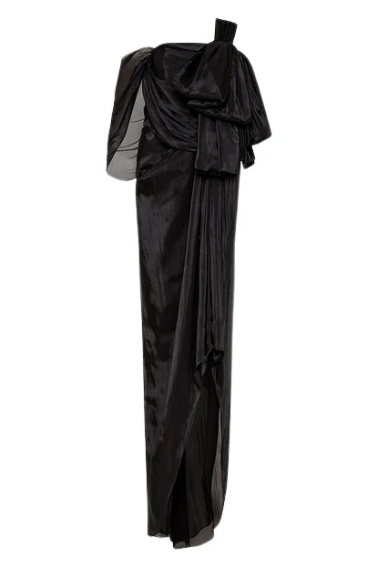 Carla-Zampatti-Black-Lustre-Chiffon-Bow-Gown50316_nobg Black Lustre Chiffon Bow Gown - Image 1
