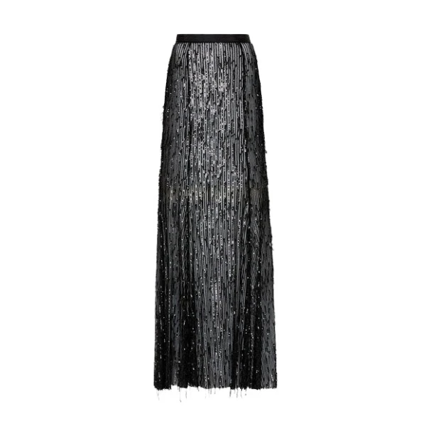 Black Sequin Fringe Godet Skirt