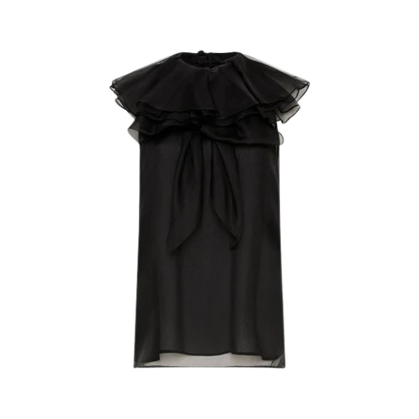 Black Silk Organza Ruffle Neck Top