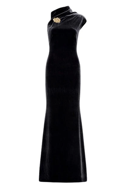 Carla-Zampatti-Black-Velvet-Gold-Button-Gown80527_nobg Black Velvet Gold Button Gown - Image 1