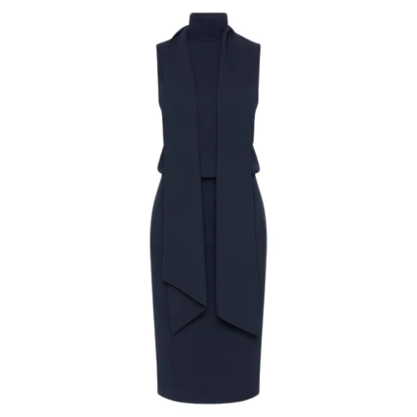 Navy Crepe Classic Tie Neck Dress