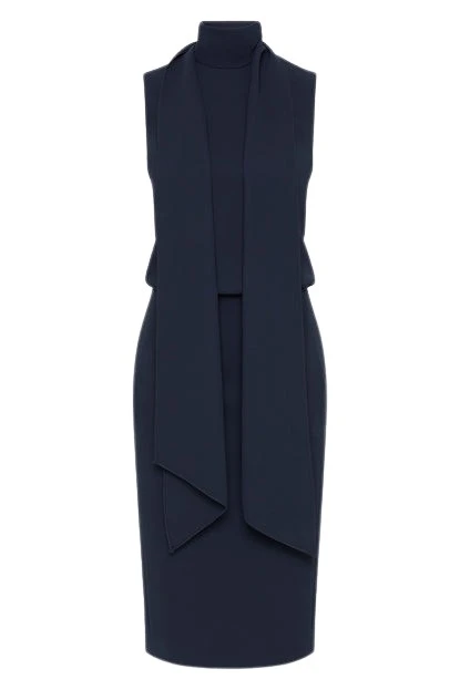 Carla-Zampatti-Navy-Crepe-Classic-Tie-Neck-Dress24687_nobg Navy Crepe Classic Tie Neck Dress - Image 1