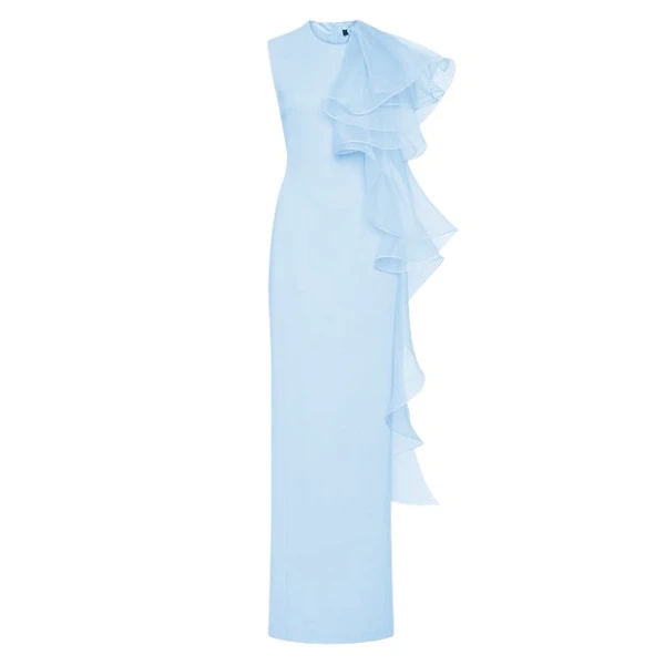 Pale Blue Crepe Ruffle Shoulder Gown