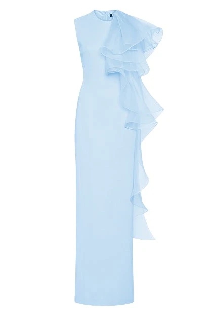 Carla-Zampatti-Pale-Blue-Crepe-Ruffle-Shoulder-Gown53151_nobg Pale Blue Crepe Ruffle Shoulder Gown - Image 1