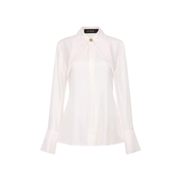 White Silk Twill Long Collar Shirt