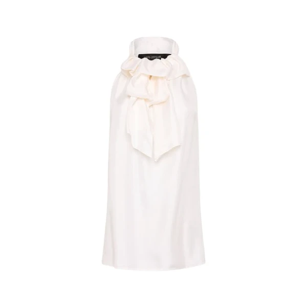 White Silk Twill Ruffle Top