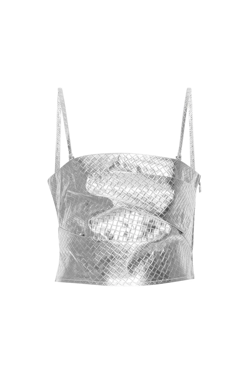 Rotate-Birger-Christensen-Draped-Braided-Top-Silver13754_nobg Rotate Silver Tops luxury Clothing from Luxury Handbags Marketplace