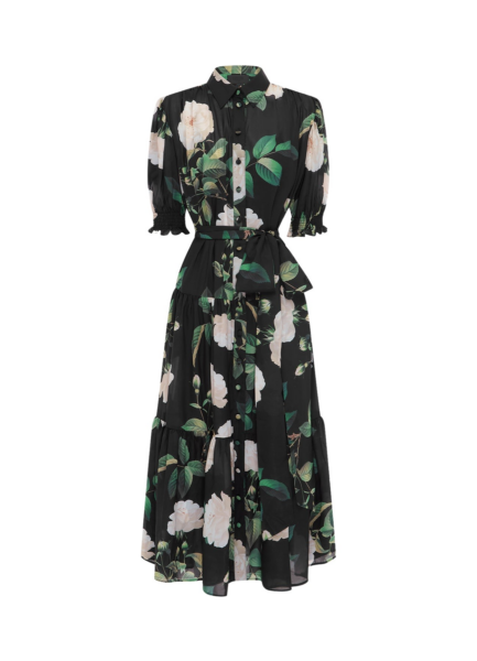 Leo Lin black midi dress – bishop sleeves, high neckline, fitted waist, and flared skirt.