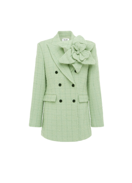 Leo Lin green blazer – tailored single-breasted blazer with structured shoulders, notched lapels, and floral appliqué detailing.